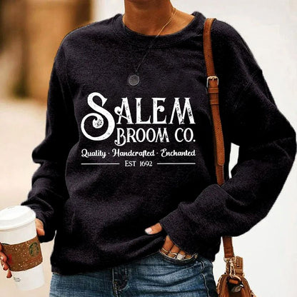 Women's Salem Broom Co Quality Handcrafted Enchanted Est 1692 Printed Round Neck Long Sleeve Sweatshirt