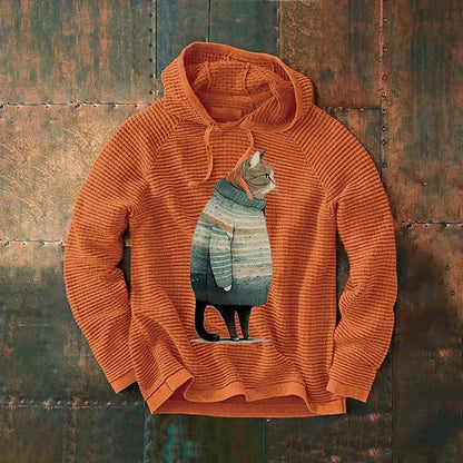 Men's Winter Cat Print Waffle Hooded Sweatshirt