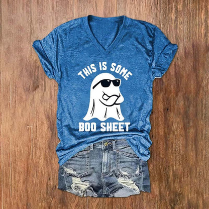 Women's Halloween This Is Some Boo Sheet Print V-Neck T-Shirt