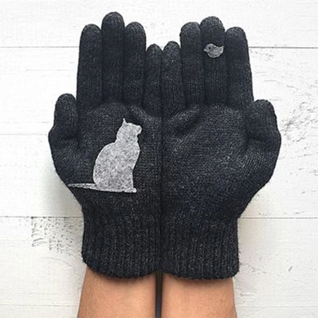 Outdoor Thermal Cat & Bird Print Gloves