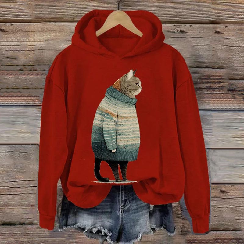 Women's Winter Cat Print Casual Hooded Sweatshirt