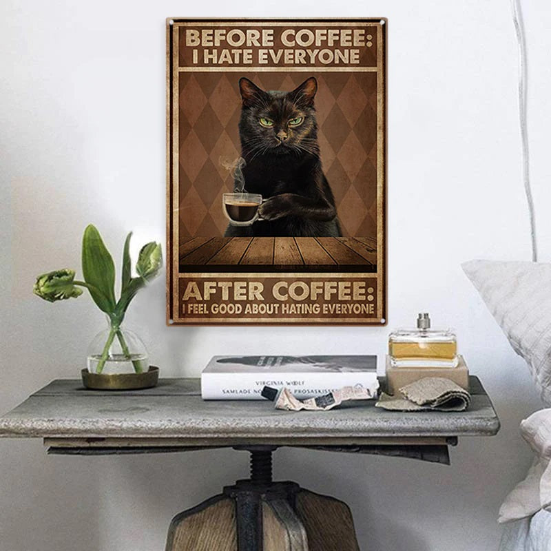 Funny Cat Coffee Metal Sign, Vintage Kitchen Signs, Wall Decor, Home Bar Cafe Decorations