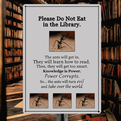 Metal Sign Wall Art Decoration - Knowledge Is Power - Please Do Not Eat In Library - Vintage Retro Sign For Home Decor