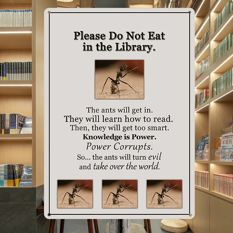 Metal Sign Wall Art Decoration - Knowledge Is Power - Please Do Not Eat In Library - Vintage Retro Sign For Home Decor