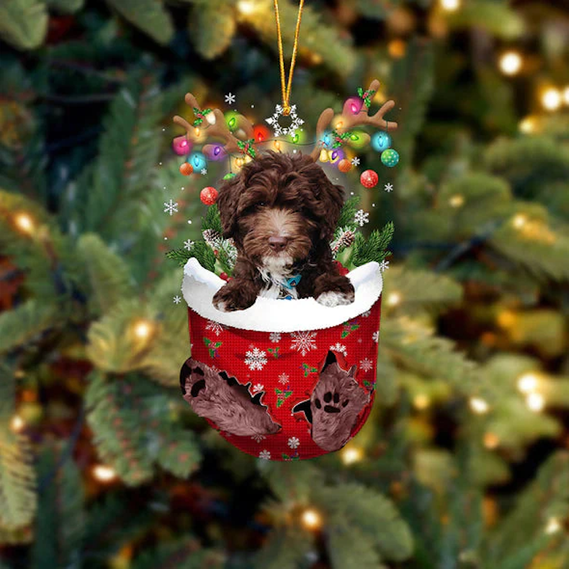 Goldendoodle In Snow Pocket Christmas Ornament SP090