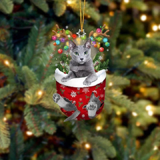 Russian Blue Cat In Snow Pocket Christmas Ornament SP207