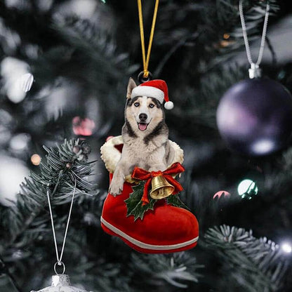White Husky In Santa Boot Christmas Hanging Ornament SB060