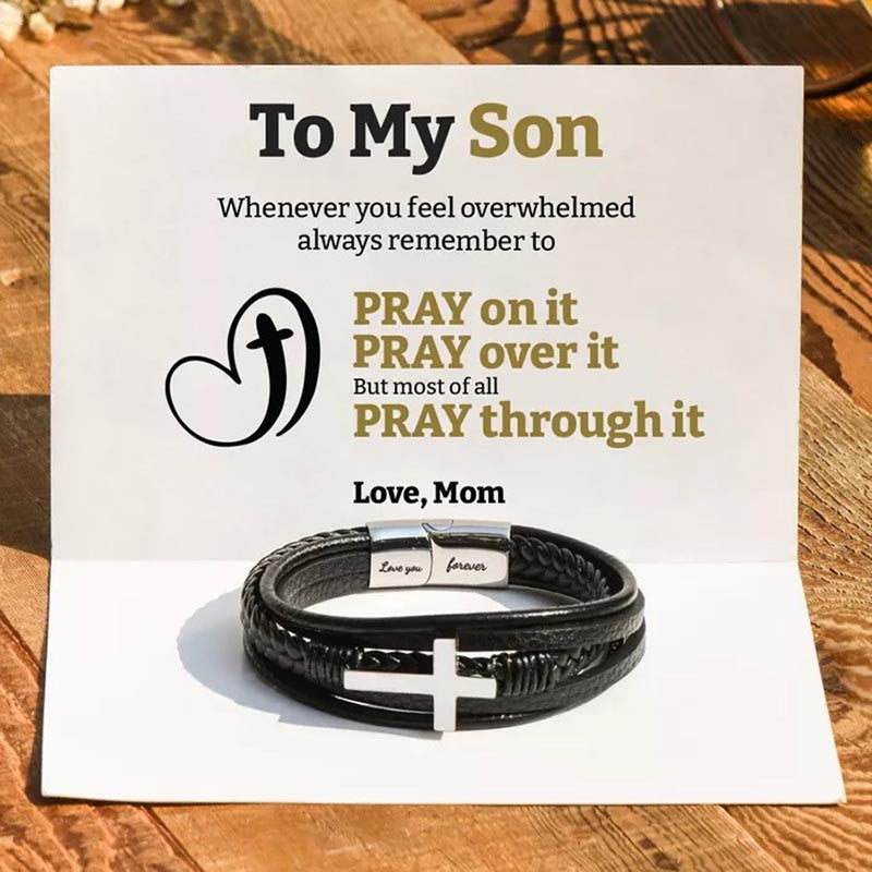 To My Son Pray Through It Leather Cross Bracelet - D050
