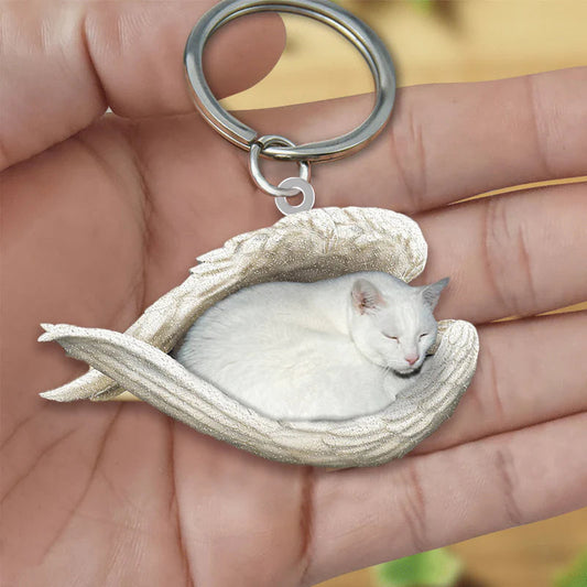 Sleeping Angel Acrylic Keychain White Cat SA119